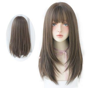 Women Brown Straight Wig with Bangs Synthetic High Density Natural Long Hair